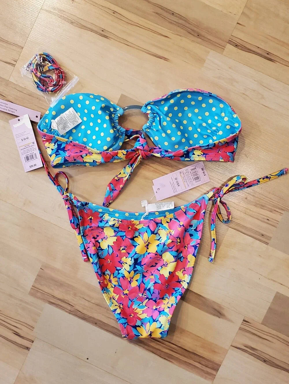 NWT Colorful Reversable Floral to Polka-dot Ring-Detail Bikini Set